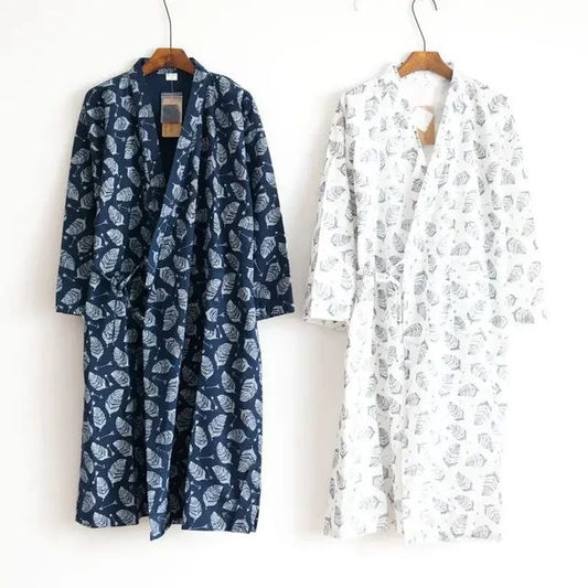 Men's Pajamas Robes Cotton Half Sleeve Blue White Colors Leaves Printing