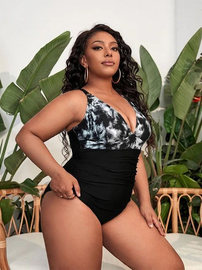 Plus Size Print Swimwear Women Large One Piece Strapped Swimsuit Lady