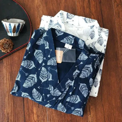 Men's Pajamas Robes Cotton Half Sleeve Blue White Colors Leaves Printing