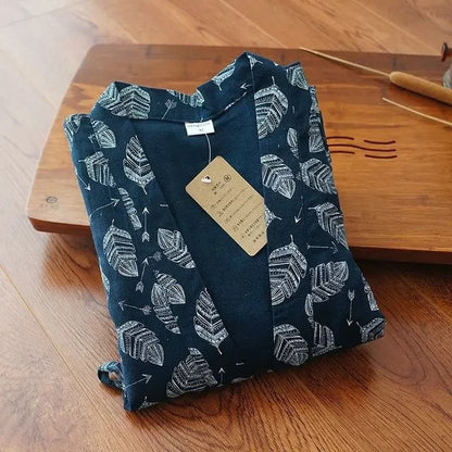 Men's Pajamas Robes Cotton Half Sleeve Blue White Colors Leaves Printing