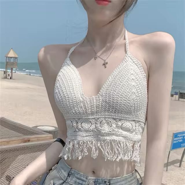 Sexy Knit Backless Short Crop Top for Women Lightweight Hollow Out Crochet