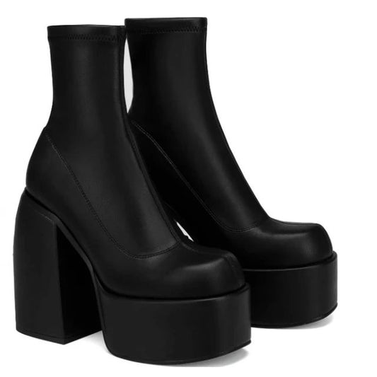 Modern Boots Women Platform Heels Round Toe Leather Boot Chunky Heels