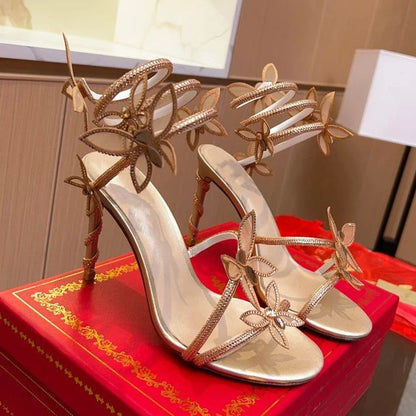Luxury Crystal Embellished Butterfly Detail Women Sandals Sexy Coiled Strap