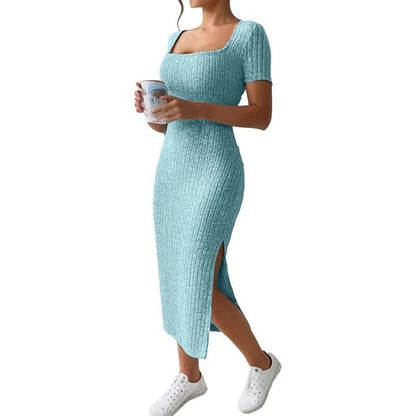 Summer dress, square collar, hip-hugging mid-length skirt, short sleeve, versatile