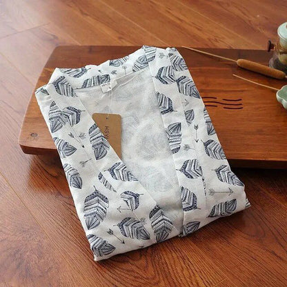 Men's Pajamas Robes Cotton Half Sleeve Blue White Colors Leaves Printing