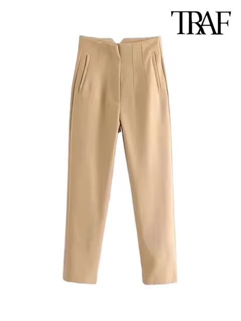 TRAF Women Fashion With Pockets Casual Basic Solid Pants Vintage High Waist