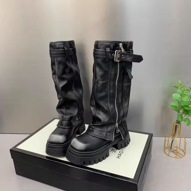 Autumn Winter Women Flats Heel Women Long Boots High Quality Leather
