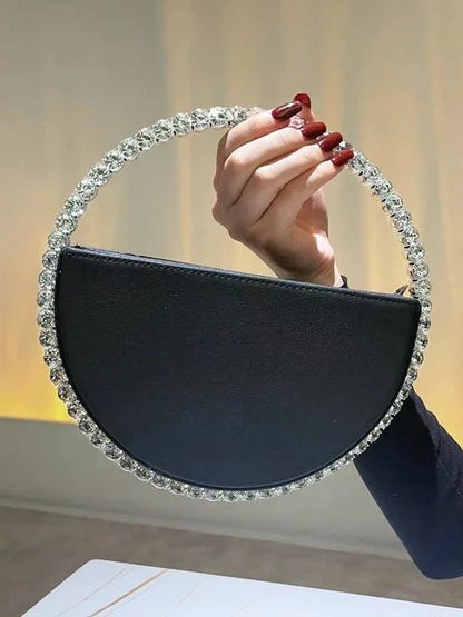 Rhinestone Round Ring Evening Bag Trendy Faux Leather Clutch Purse