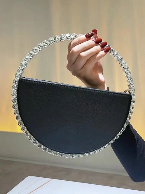 Rhinestone Round Ring Evening Bag Trendy Faux Leather Clutch Purse