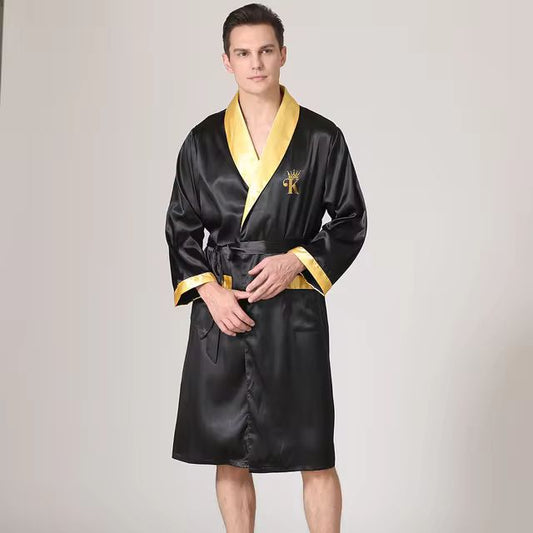 Men Kimono Bathrobe Gown Loose Nightwear Loungewear Silk Stain Home