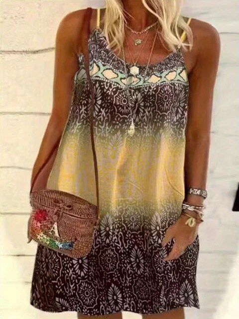Summer New Fashion Women's Vintage Printed Casual Spaghetti Strap loose Dress Loose