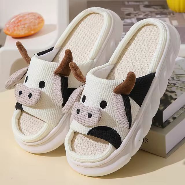 Cute Cartoon Cow Unisex Linen Slippers Spring Summer Slides Mule