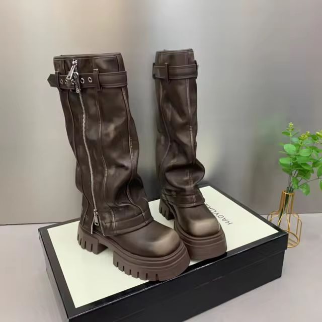 Autumn Winter Women Flats Heel Women Long Boots High Quality Leather