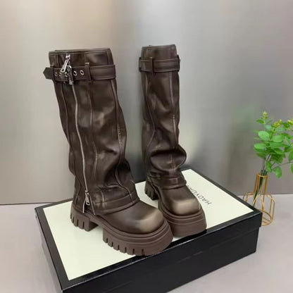 Autumn Winter Women Flats Heel Women Long Boots High Quality Leather