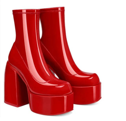 Modern Boots Women Platform Heels Round Toe Leather Boot Chunky Heels