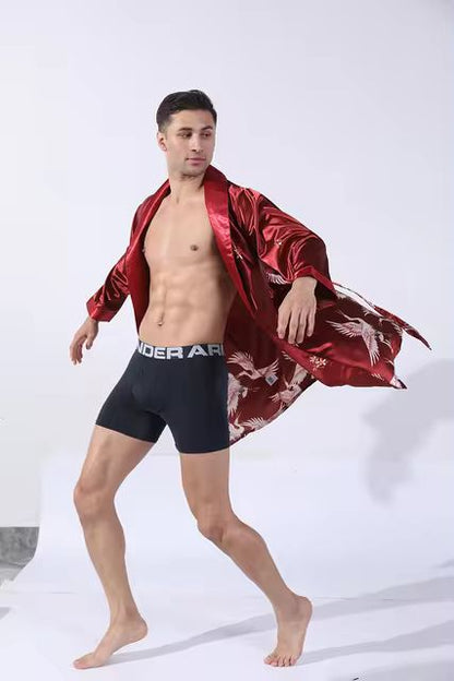 Men Kimono Bathrobe Gown Loose Nightwear Loungewear Silk Stain Home
