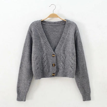 V Neck Cropped Cardigan Women Long Sleeve Twist Knitted Sweater Coats Autumn
