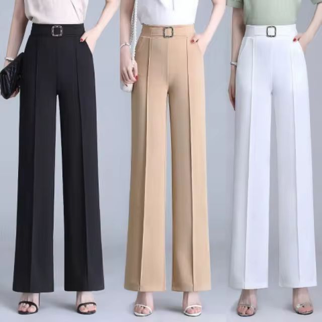 Spring Summer New Thin Ice Silk Wide Leg Pants Women Solid Elastic High