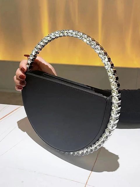 Rhinestone Round Ring Evening Bag Trendy Faux Leather Clutch Purse